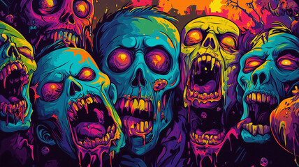 Wall Mural - A horde of decaying zombies wander through a deserted city at night