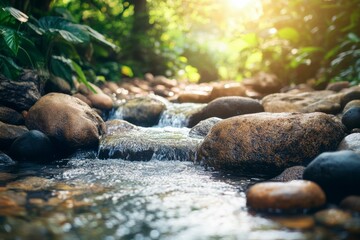 Sticker - Sunlit Stream Flowing Over Smooth River Rocks In A Lush Forest