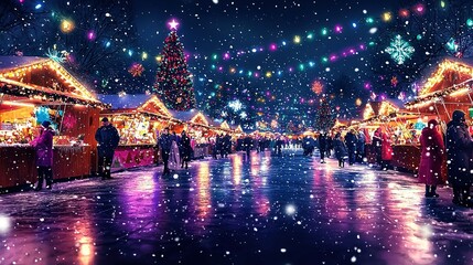 Poster -   A group of people strolls down a street alongside a luminous Christmas tree in the center