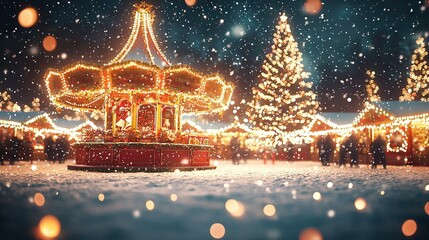 Canvas Print -   A merry-go-round carousel in a snow-covered park with Christmas trees in the background