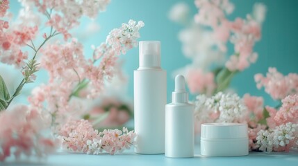 Poster - Soft pastel flowers accompany neatly arranged cosmetic products, evoking a sense of calm and natural purity in beauty. Generative AI