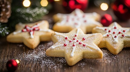 Poster -   A close-up of cookies on a table against a Christmas tree background