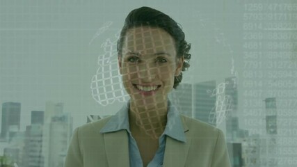 Sticker - Smiling woman with globe and data processing animation over cityscape background