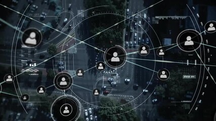 Poster - Network of connections and user icons animation over aerial view of city traffic