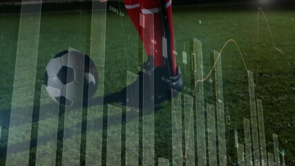 Poster - Soccer player kicking ball with financial data processing animation over green field