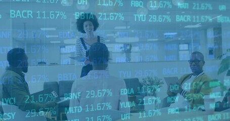 Poster - Financial data processing animation over diverse business people in office