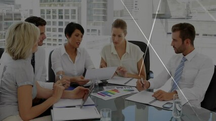 Poster - Business meeting with charts and graphs, data analysis animation over office setting