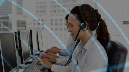 Poster - Customer service representatives working on computers, communication network animation over them