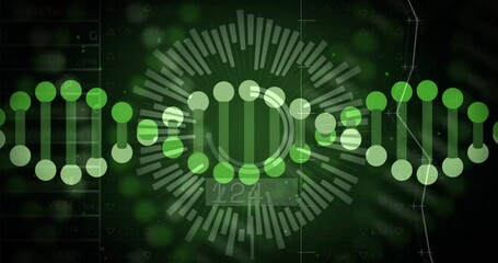 Poster - Green circular data visualization animation over financial data and currency symbols