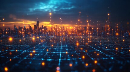 Poster - Holographic symbols for diverse data types illuminate a vibrant urban landscape, creating a stunning visual at sunset that evokes technology and innovation.