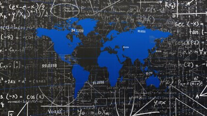 Sticker - Animating world map coordinates over mathematical equations and graphs background