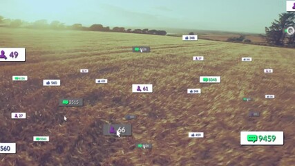 Poster - Social media interaction data animation over aerial view of wheat field