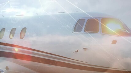 Poster - Airplane flying through clouds with network connections animation