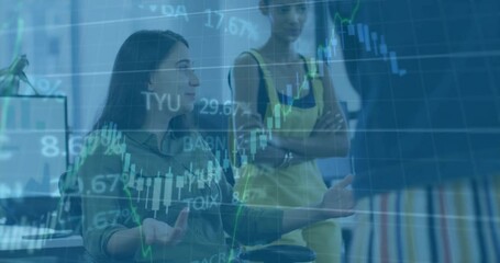 Poster - Financial data charts animation over diverse business team discussing in office