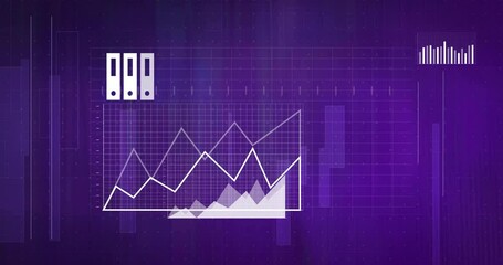 Poster - Graph and pie chart animation over purple background with bar chart and folders