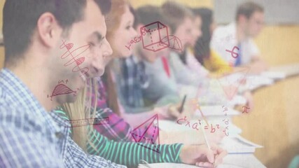 Poster - Mathematical equations and geometric shapes animation over students studying in classroom