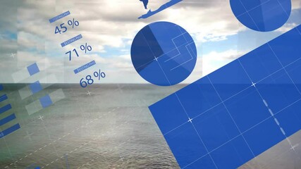 Poster - Geometric shapes and world map animation over coastal landscape