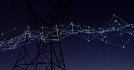 Poster - Network of connections and data processing animation over power lines at dusk