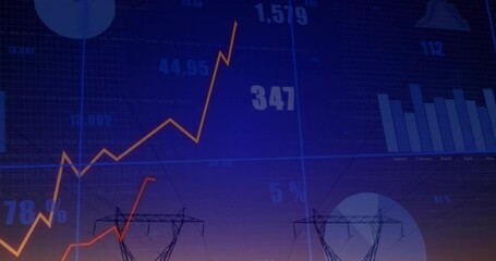 Poster - Stock market data animation over power lines and electrical grid