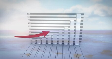 Poster - Rising bar chart with red arrow animation over serene landscape background