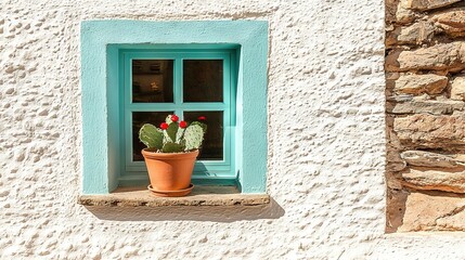 Poster -   A cactus sits on a window sill in front of a blue windowed stone building