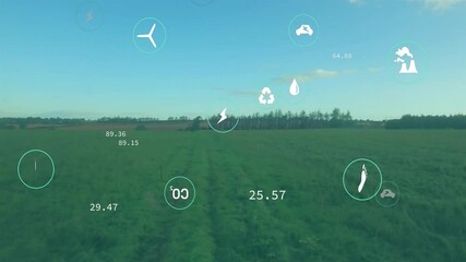Poster - Wind turbines and energy icons animation over green field landscape