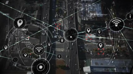 Poster - Network connectivity animation over aerial view of busy urban highway