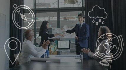 Poster - Business meeting with document exchange, animation of navigation icons over participants