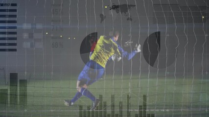 Poster - Soccer player kicking ball towards goal over data analysis animation