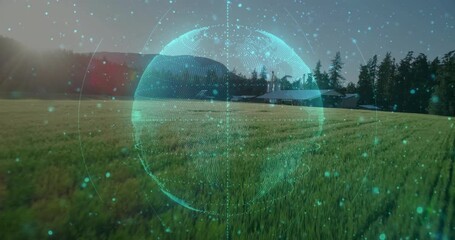 Poster - Digital globe and data points animation over green field and mountains