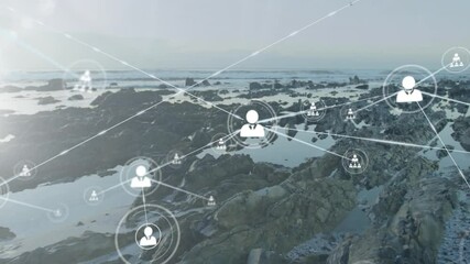 Poster - Network of connections and data processing animation over rocky coastal landscape