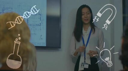 Poster - Presenting in meeting room, woman with scientific symbols animation over presentation