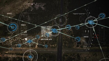 Poster - Analyzing data animation over aerial view of landscape with network connections