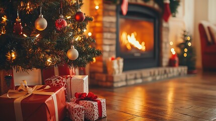 Canvas Print -   A Christmas tree with presents beneath it stands before a fireplace, adorned by another Christmas tree in the foreground