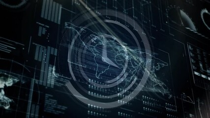 Poster - World map and data processing animation with circular interface elements