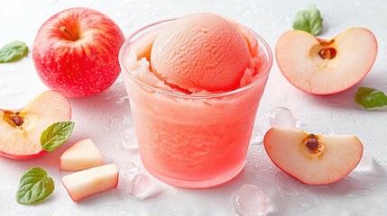 Wall Mural -   Close-up of ice cream in a glass with sliced apples and mint leaves on a white background