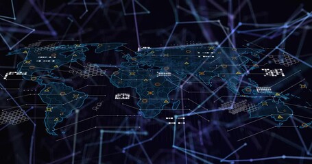 Poster - Global network connections and data processing animation over world map