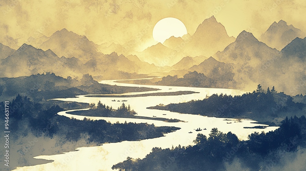 Ancient Japanese ink painting of a quiet river winding through misty ...