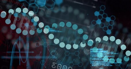 Poster - DNA strand and scientific data processing animation over digital interface