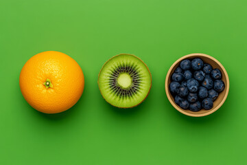 Poster - A fruit combination packaging design, with a whole orange, a whole kiwi and a small bowl of blueberries 