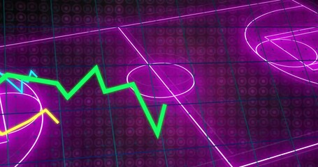 Poster - Green line graph animation over purple grid background with circular patterns