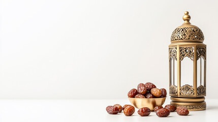 A traditional ornate brass lantern casting soft light beside scattered prayer beads and a small bowl of dates isolated on white background for Ramadan decor 