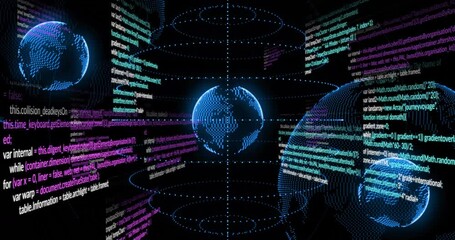 Digital globe surrounded by programming code and data processing animation