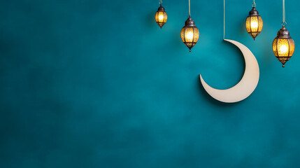 Sticker - Abstract crescent moon formed by glowing lanterns and stars vibrant teal background with soft light flares elegant Ramadan design with open space for text 