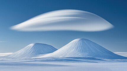 Poster -   Cloud shaped like a bird flying over snow-covered mountain in blue sky with white cloud in background