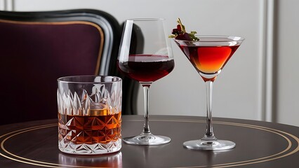 Sophisticated spirits trio: whiskey, wine, cocktail, elegant and enticing. With copy space