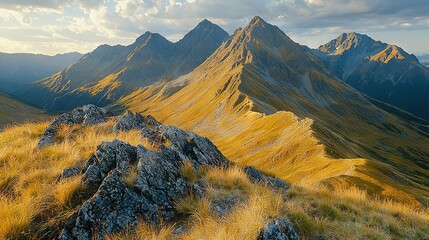 Poster -   Mountain range view from hilltop with grassy foregrounds, including yellow grass