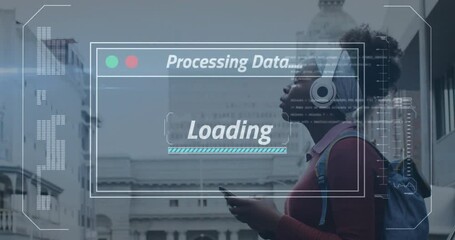 Poster - Processing data and loading animation over person with headphones holding smartphone