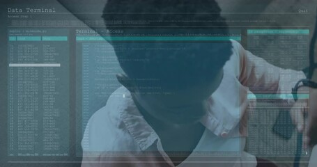 Poster - Data terminal access animation over person working on computer