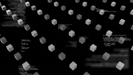 Poster - floating cubes and coding text, data processing animation on black background